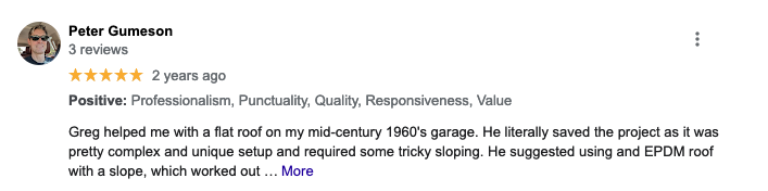 Google Review for Flat roof replacement on mid-century modern home by New Roof Plus