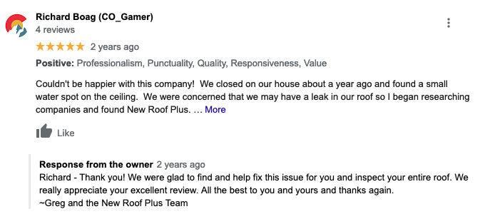 Google review for roof inspection and repair by New Roof Plus
