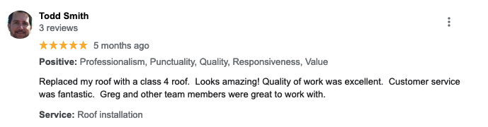 Google Review of New Roof Plus - Class 4 roofing installation and a job well done..