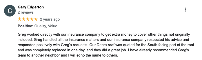 Google Review of New Roof Plus - Decra roof installed with insurance help from New Roof Plus team