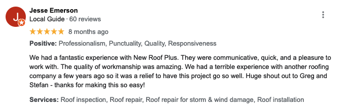 Google Review of New Roof Plus - job well done by the team at New Roof Plus.
