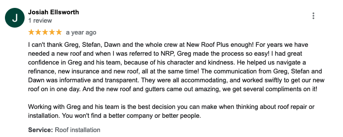 Google Review of New Roof Plus - referral and compliments on a job well done.