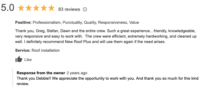 New Roof Plus 5 Star Review Snippet from a homeowner.